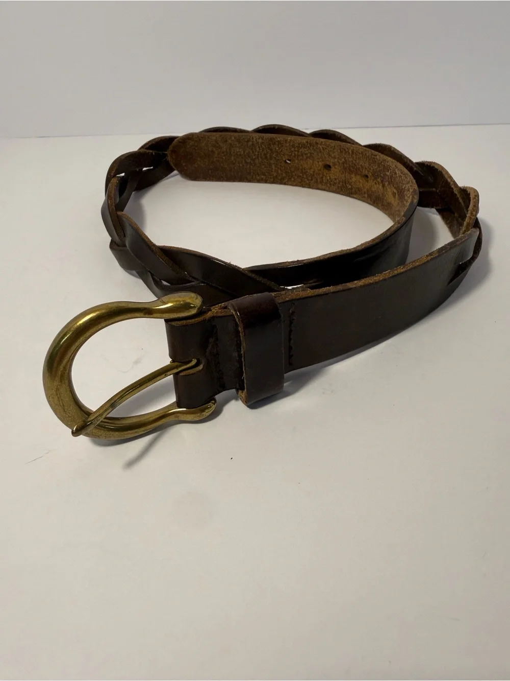 Vintage 90s Great Land Dark Brown Braided Leather Belt Solid Brass Small